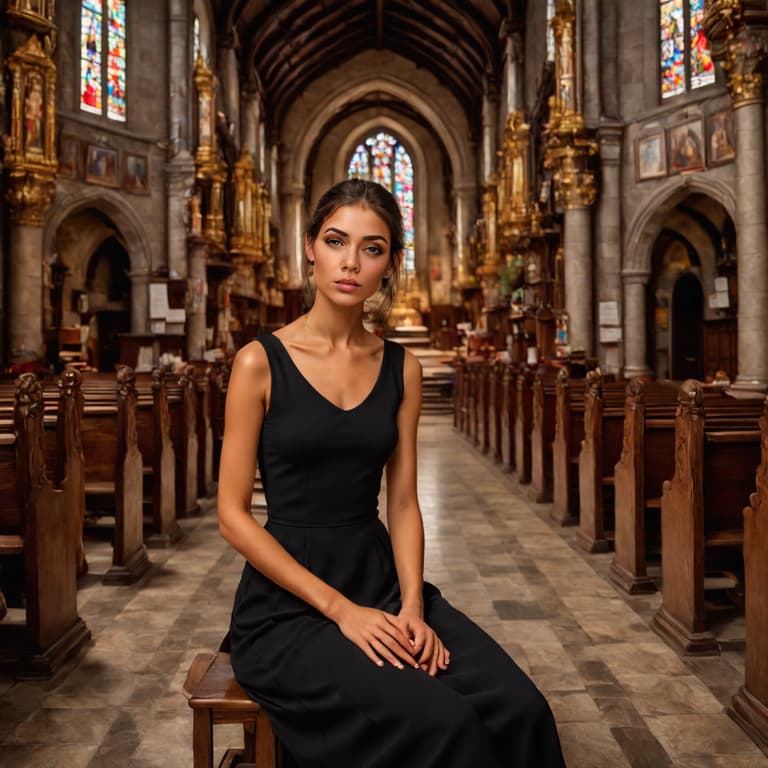 Elegant Elegance: A Woman's Poised Portrait in a Gothic Church