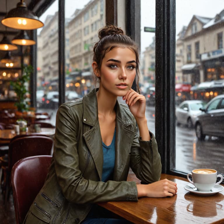 Seated contemplation: A stylish individual enjoys a cup of coffee at a café window on a rainy day.