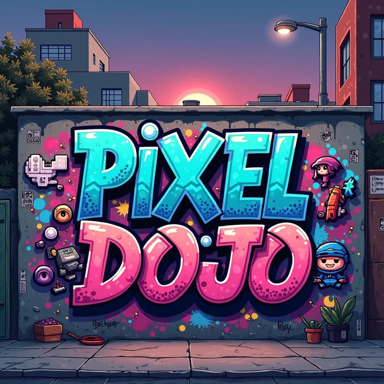 Vibrant Graffiti Wall of 'Pixel Dojo' in an Urban Street Art Style