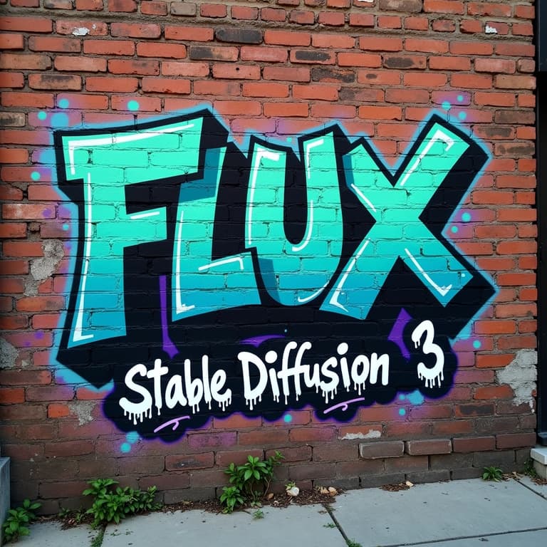 Vibrant Graffiti of 'FLUX' with 'Stable Diffusion 3' Text on Brick Wall