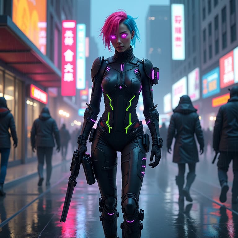 NeonLit Cybernetic Warrior in a Rainy Asian Night Market