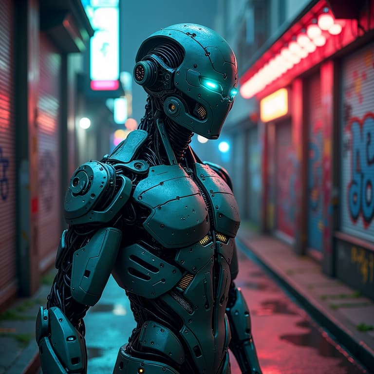 Robotic Sentinel in a NeonLit Urban Alley