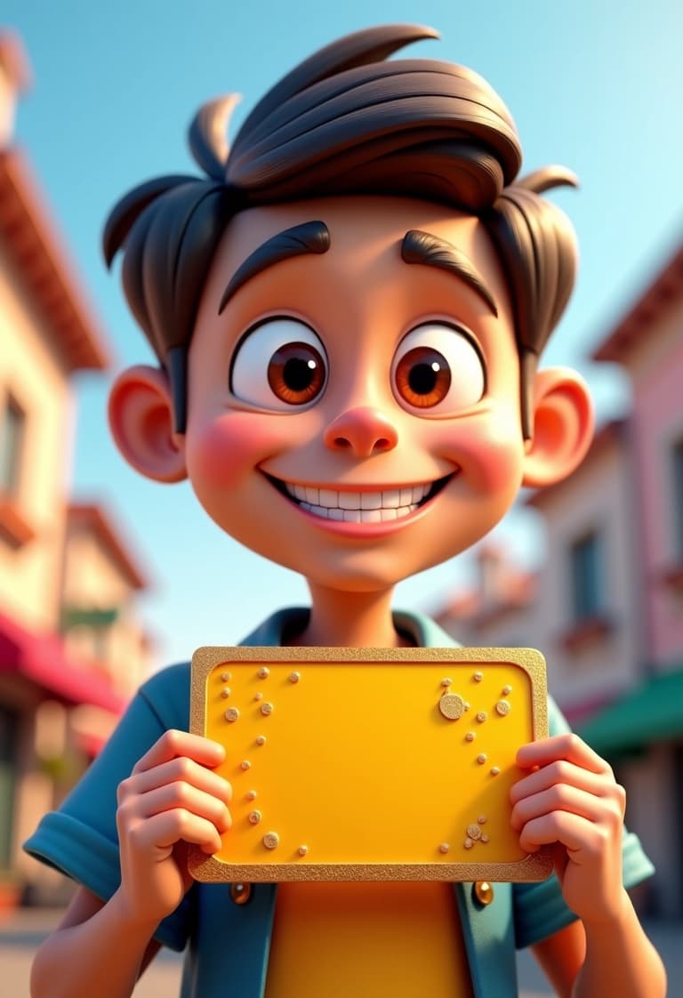 3D Animated Boy with a Golden Frame Holding a Sign