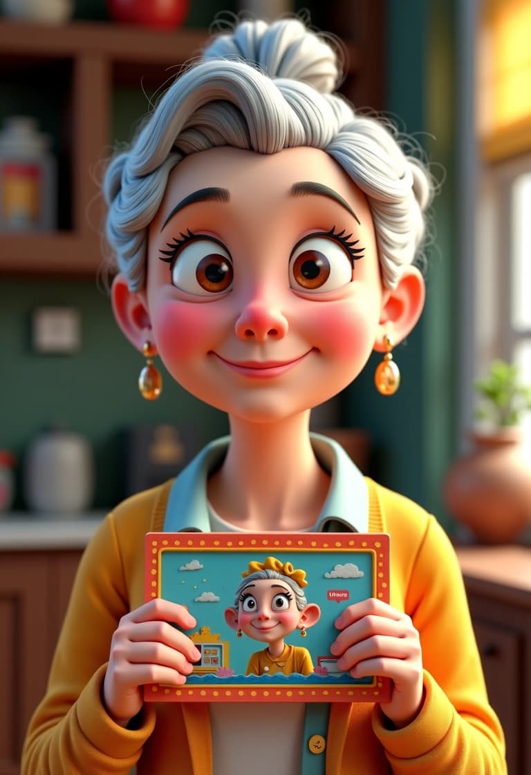 An elderly animated character with a cheerful demeanor holding a framed picture of herself