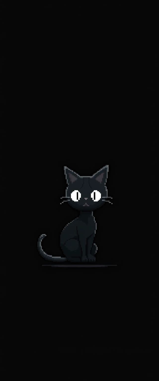 Charming Pixel Art Black Cat Sitting Silhouetted Against a Dark Background