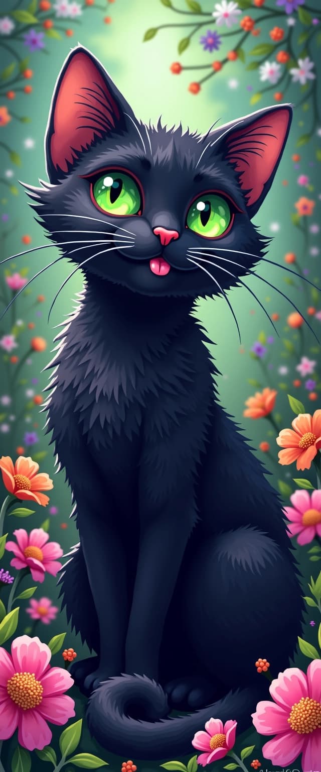 Enchanting Black Cat with Floral Surroundings