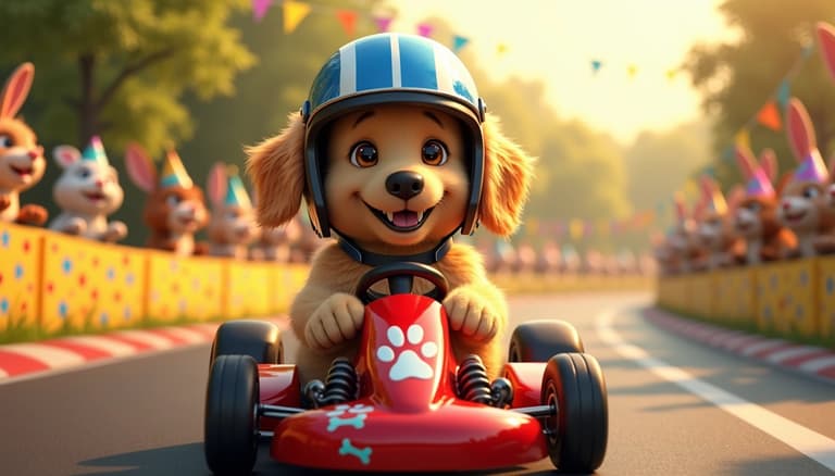 Adorable Puppy Races to Victory in a Colorful Go-Kart