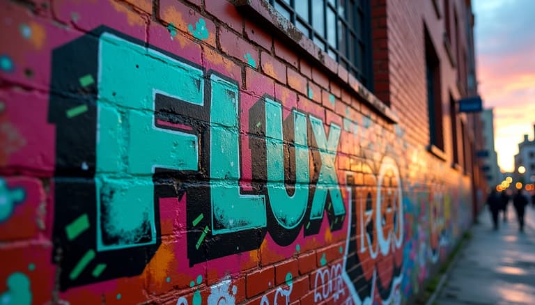 Vibrant Graffiti Wall at Sunset with the Word FLUX in 3D Effect