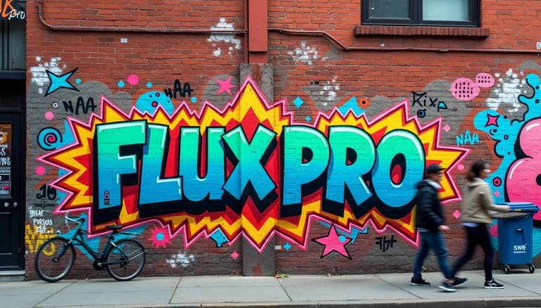 Vibrant Graffiti Wall with FLUXPRO in Dynamic Colors and Urban Street Art Elements