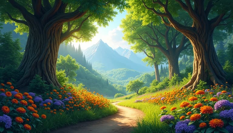 Enchanting Forest Pathway with Majestic Mountains and Vibrant Flowers