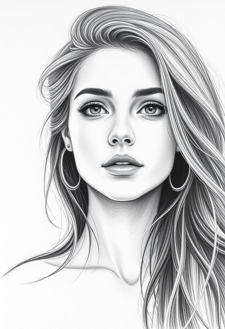 Hyperrealistic pencil portrait of a woman with long hair and hoop earrings