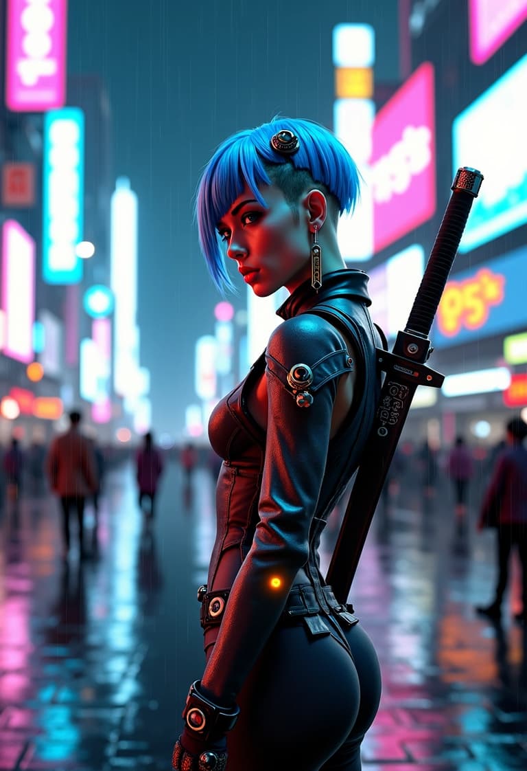 Cyberpunk Warrior with Katana in a Raindrenched Neon Cityscape