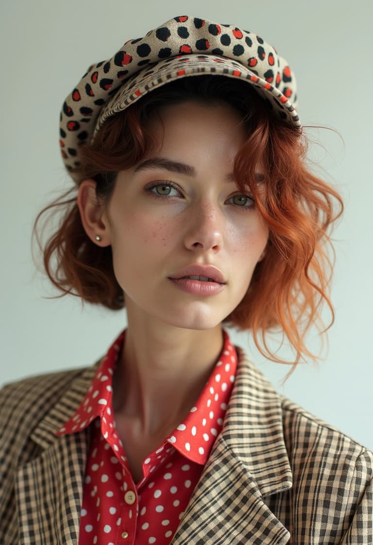 Chic and Elegant A Fashionforward Look with a Leopard Print Cap and Polka Dot Blazer