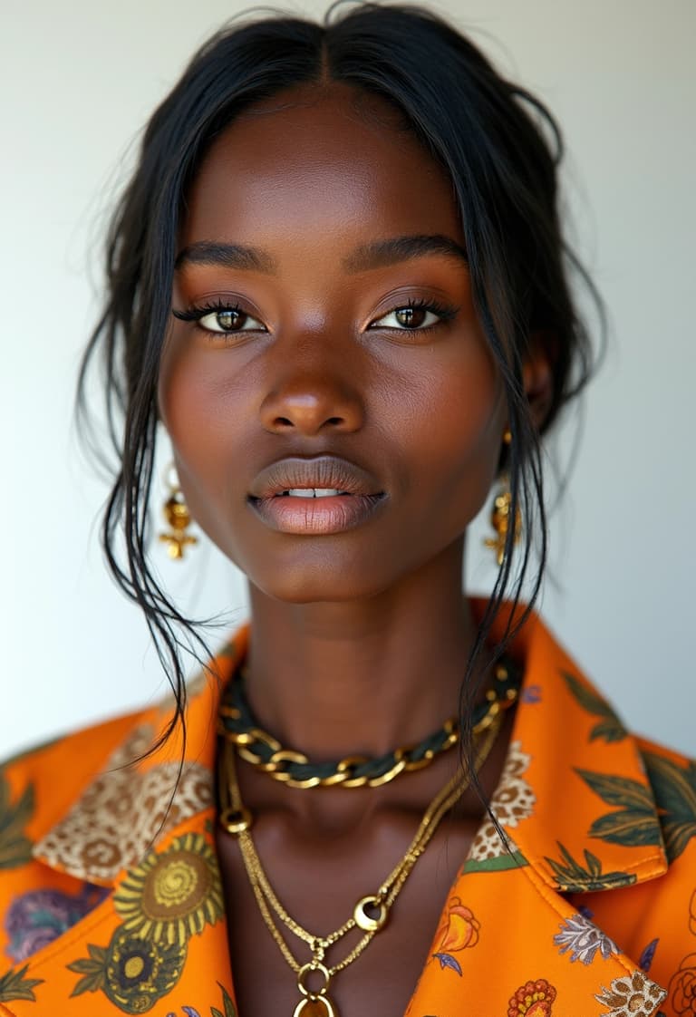 Portrait of a Black Woman with a Floral Blazer and Gold Jewelry