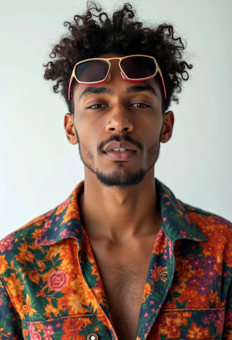 Portrait of a Man with an Afro Hairstyle and Floral Shirt