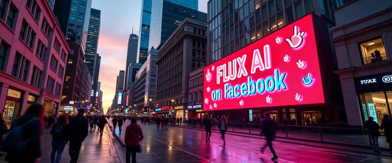 FLUX AI Advertising Campaign Illuminates Facebook Billboard in Vibrant Cityscape at Dusk