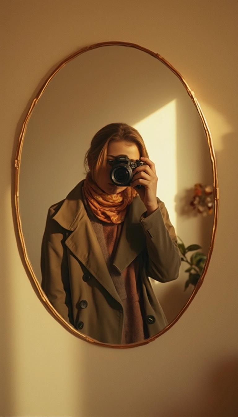 Autumn Reflections A Fashionable Selfie in a Rustic Mirror