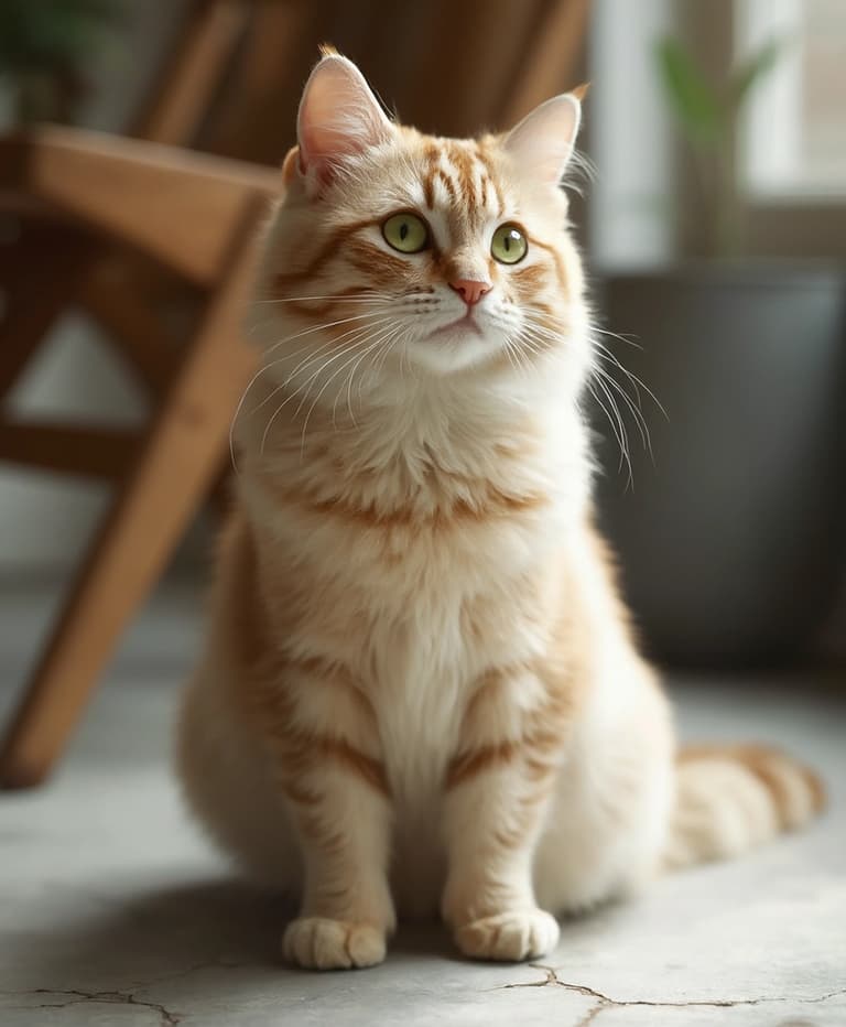 An orange tabby cat with a fluffy coat sitting on a concrete floor