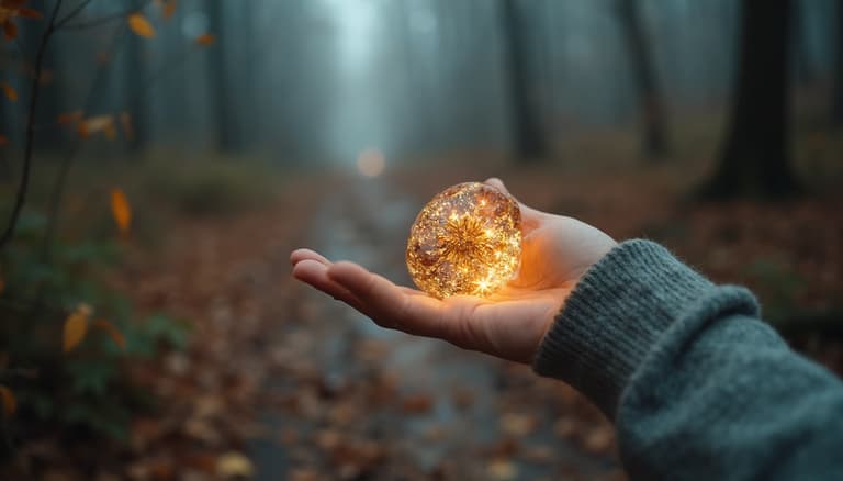 Hand Cradling a Glowing, Sparkling Orb Amidst a Misty Autumn Forest