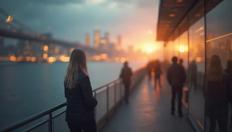 Serene Sunset Scene at a City Pier with People Walking and Reflections in the Water