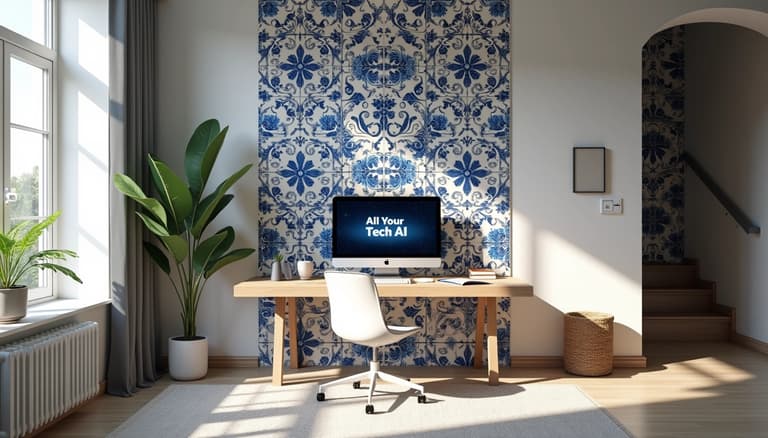 Modern Home Office with Blue and White Patterned Wall and Large Window for Natural Light