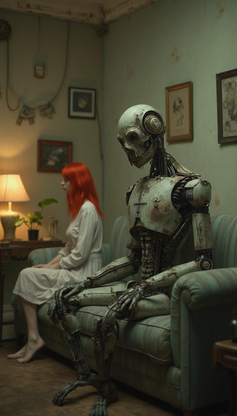 Robot Sitting on Couch with Woman Futuristic Scene with SciFi Robot and Woman in White Dress