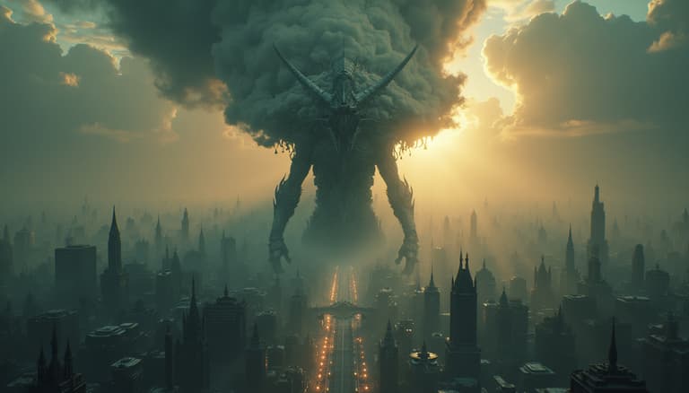 cyberpunk, futuristic, neon lights, dystopian, an ominous smokey godhead looming over the centre of a vast fantasy city of light, mythical, ultra detailed, hypermaximalist, intricate details, landscape, fantasy, octane render