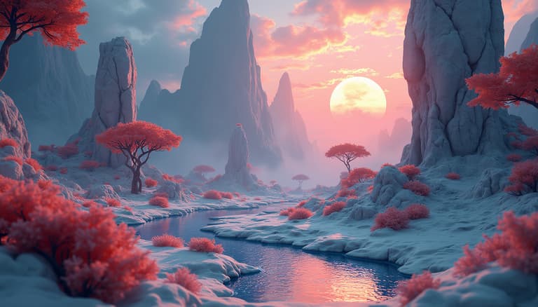 Sunset in a Red-Foliaged Fantasy Land