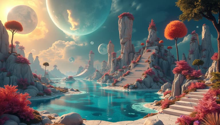 Enchanting Alien Oasis with Majestic Planets and Towering Rock Formations