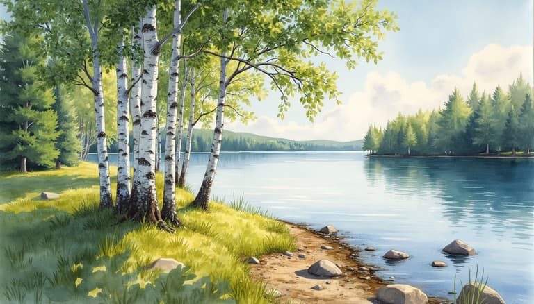 Summer Lake Birch Forest Landscape