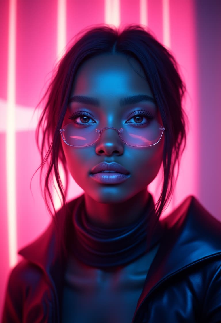 NeonLit Fashion Portrait of a Woman with Sleek, Modern Glasses