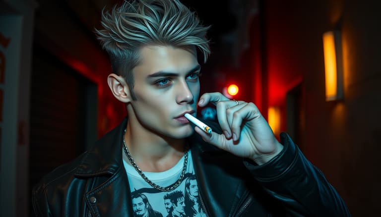 Stylish Man with Edgy Hair and Leather Jacket Smoking in NeonLit Alleyway