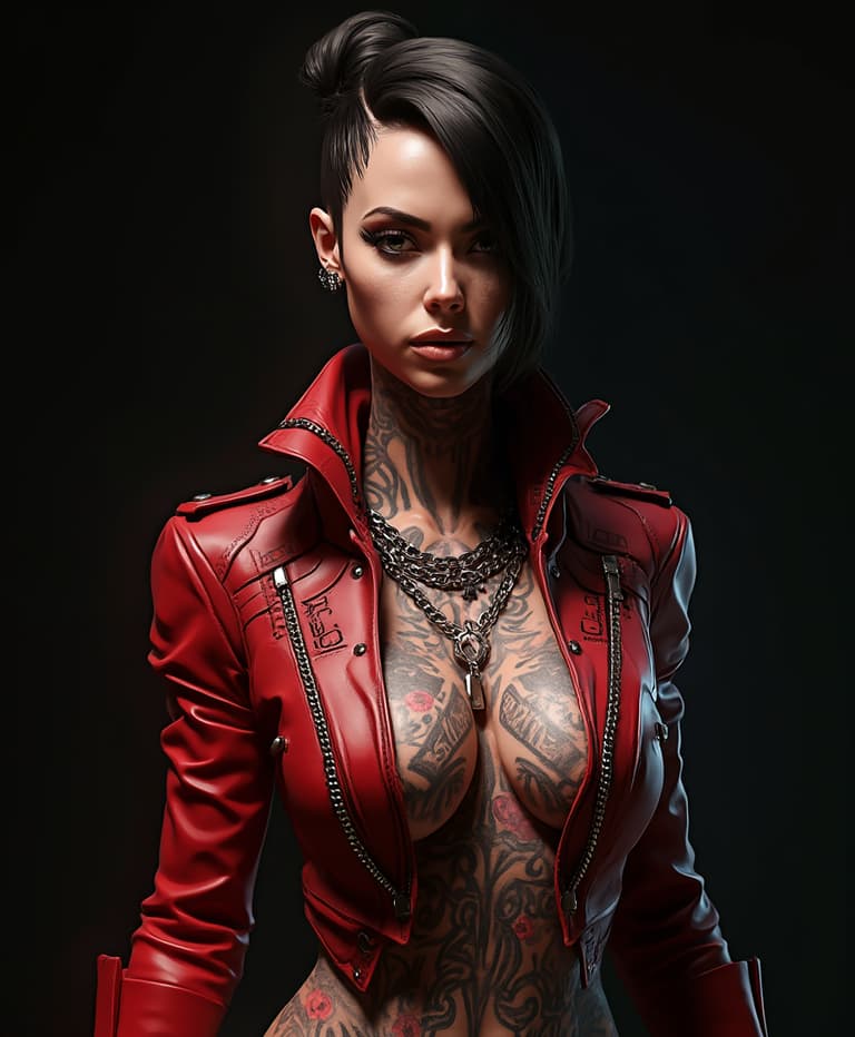 Stylish and edgy 3D rendered female character with a bold red jacket and tattoos