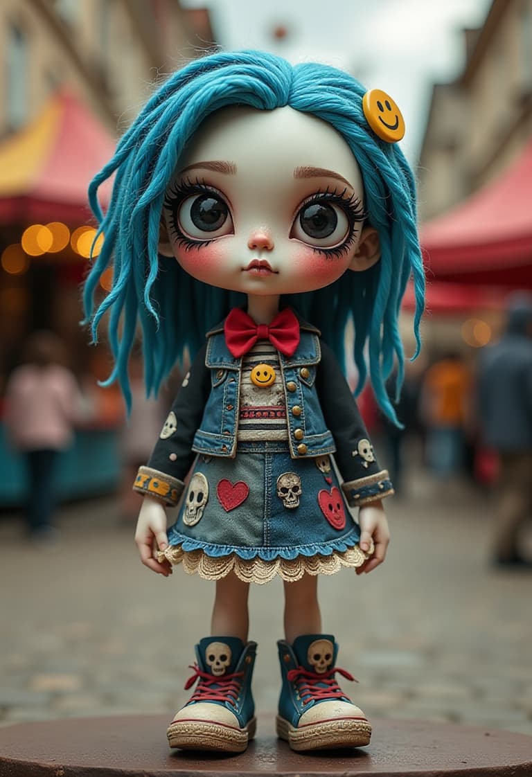 Enchanting Bluehaired Doll with Gothic Fashion Sense