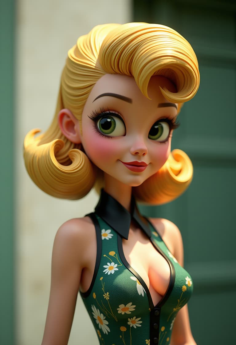 Vibrant and Elegant 3D Animated Female Character with Luxurious Blonde Hair and Floral Green Dress