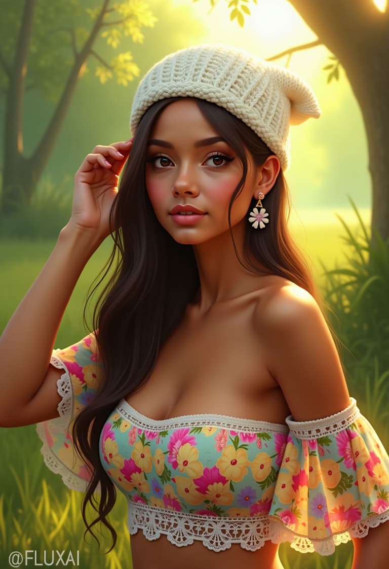 This image is a digital artwork that captures a figure in a natural outdoor setting. The art style is realistic with a touch of digital enhancement that gives the image a polished and vibrant look. The medium appears to be a highresolution digital painting or photo manipulation, given the smooth blending of colors and the lack of texture that would be present in a traditional painting.The colors in the image are warm and rich, with a predominance of earthy tones that evoke a sense of tranquility and harmony with nature. The figure is adorned in a garment that features a floral pattern in a palette of pinks, yellows, greens, and purples, which stands out against the more subdued background. The figures skin tone is a realistic, warm brown, complementing the naturalistic feel of the scene.The figure is wearing a white knitted hat with a detailed lace pattern that sits snugly on the head, with one hand gently touching the hat, suggesting a relaxed and carefree pose. The figures long, flowing hair cascades down the back, and the visible ear is adorned with a colorful earring that matches the floral pattern of the garment.The garment itself is a strapless, off the shoulder top with a similar floral lace design, which adds a sense of delicate femininity to the figures appearance. The garment is slightly askew, giving a sense of movement and casualness.The background of the image is a soft focus on greenery and foliage, with hints of sunlight filtering through, casting a warm glow and creating a play of light and shadow that adds depth to the scene. The blurred background ensures that the figure remains the focal point of the image. The watermark @FLUXAI is present in the bottom right corner, indicating the artist or creator of the image.