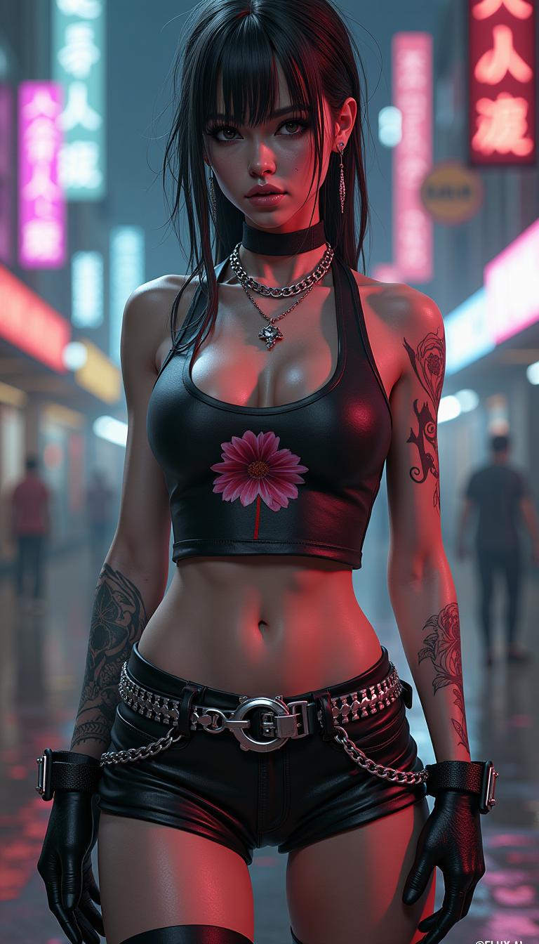 This image is a digital artwork that depicts a female figure in a cyberpunk style. The art style is characterized by its futuristic elements, gritty urban backdrop, and a color palette that is rich with dark tones and neon accents.The medium appears to be a highresolution digital rendering, likely created using 3D modeling and texturing software. The lighting and shadows are expertly crafted to give the image a realistic and immersive quality.The colors in the image are predominantly dark and muted, with a few bright neon accents that stand out against the background. The figure is wearing a black tank top with a floral design on the front, and a matching pair of shorts with a chain belt. The shorts are fitted with fishnet stockings, and the figure is wearing gloves with a metallic texture.The figure has a variety of tattoos on her body, including a prominent one on her left arm that resembles a mechanical gear. Her hair is wet and tousled, and she has piercings in her ears and neck.The background of the image is a blurred urban night scene with neon signs and a variety of architectural elements that suggest a futuristic cityscape. The overall atmosphere of the image is one of gritty urbanity, with a touch of cyberpunk flair. The watermark @FLUXAI is present in the bottom right corner, indicating the artist or creator of the image.