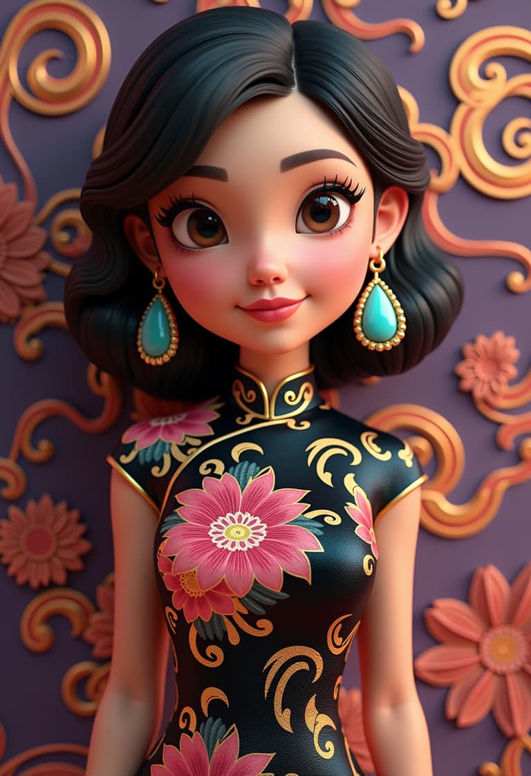 Elegant 3D Animated Female with Traditional Floral Cheongsam and Statement Earrings