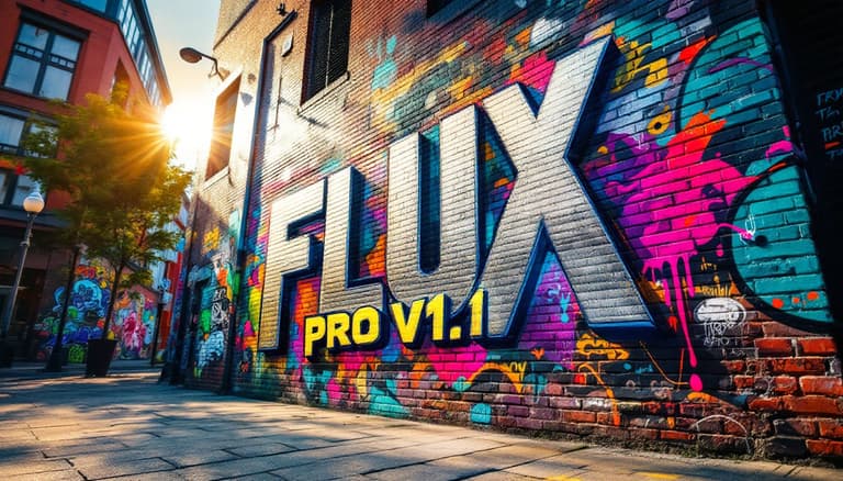 masterpiece, best quality, highres, sharp image, more detail, Imagine a vibrant urban scene focusing on a brick wall covered in diverse, intricate graffiti art. The focal point is bold, dynamic text reading "FLUX PRO V1.1" in a striking, futuristic font. The background is an eclectic mix of colorful street art, featuring abstract shapes, characters, and symbols that create a rich tapestry of urban culture. Sunlight filters through nearby structures, casting dramatic shadows and enhancing the textures of the rough, aged brick. The graffiti is vivid, with hues of electric blue, neon green, and fiery orange splashed against the earthy reds and browns of the bricks. Capture this scene from a low-angle perspective, emphasizing the towering presence of the wall and the immersive depth of the graffiti. The style should reflect a modern street art sensibility, with elements of cyberpunk aesthetics, conveying a raw, exhilarating energy. The mood is edgy yet creative, set in a bustling city street during the late afternoon, as golden hour light punctuates the vibrant colors and textures.