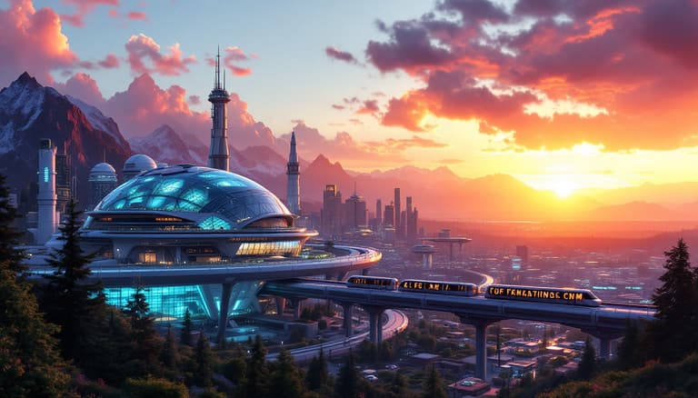 Future Cityscape at Sunset with Advanced Architecture and HighTech Transportation