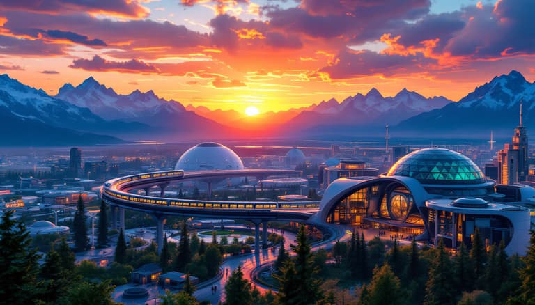 Future Cityscape at Sunset with Advanced Architecture and Alpine Background