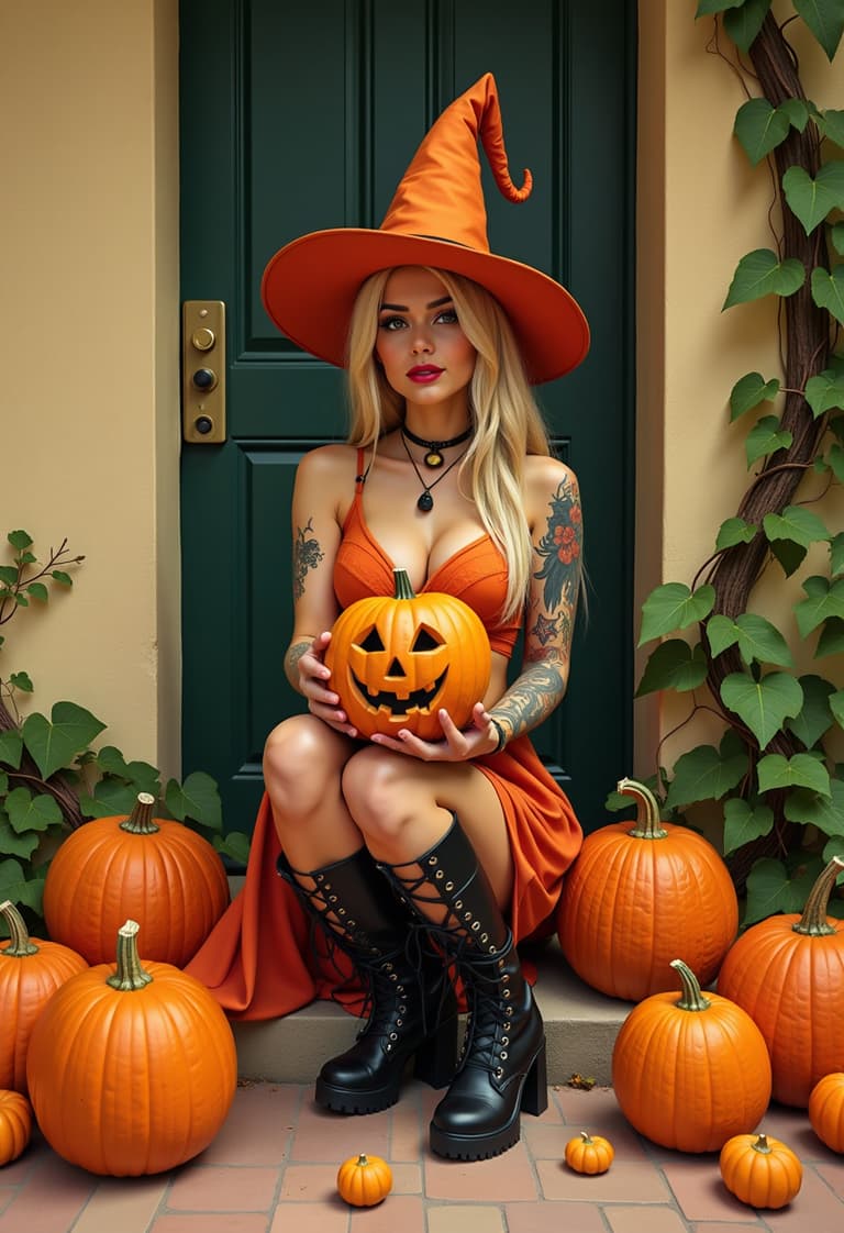 This photo is a stylized and vibrant depiction of a Halloween theme. Focus on detailed costumes and a rich, warm color palette. The medium appears to be digital painting, given the smooth gradients and lack of texture that one might expect from traditional mediums like oil or watercolor.The colors in the image are warm and inviting, with a predominance of oranges, yellows, and blacks. The orange of the witch's hat and costume stands out against the cream-colored walls and the green of the ivy, creating a festive and spooky atmosphere. The pumpkins, which are a central element of Halloween, are a bright orange, echoing the witch's attire and reinforcing the holiday theme.The objects in the image are numerous and play a significant role in the Halloween setting. At the forefront, the witch is holding a carved pumpkin, which is a traditional symbol of the holiday. The witchs costume includes a widebrimmed hat with a pointed tip, a matching orange bra with black detailing, and a choker with a pendant. Her blonde hair is styled in a long ponytail, and she has tattoos on her arms, legs, and neck. She is wearing black boots with a high heel and straps around her ankles, which add to the witchy aesthetic.Surrounding the witch are several pumpkins of various sizes, some with stems intact, others without. These pumpkins are scattered on the ground and against the walls, contributing to the Halloween ambiance. The ivy climbing up the walls adds a touch of the outdoors and a sense of enclosure to the scene.The overall composition of the image is balanced, with the witch positioned centrally and the pumpkins and ivy framing her. The lighting in the image is soft and diffused, casting gentle shadows that give depth to the scene. The textures in the image are varied the smooth surfaces of the pumpkins and the witch's costume contrast with the roughness of the ivy and the rough texture of the walls.