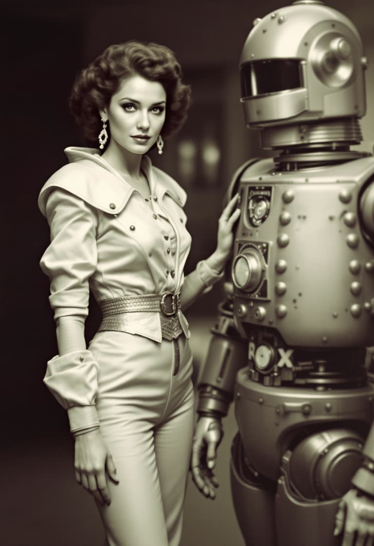 RetroFuturistic Fashion A Woman in a White Robot Costume with a Companion Robot