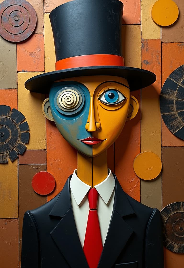 Stylized Portrait of a Figure in a Top Hat and Suit Against a Geometric Background