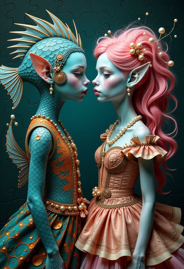 Fantasy Art Two Stylized Female Characters with Unique Features and Colorful Attire