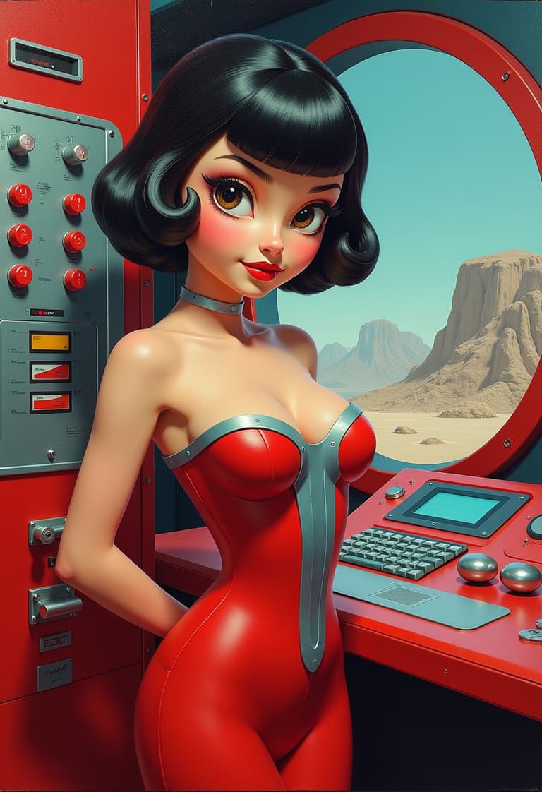 Stylish Animated Female Character in Red Suit with Control Panel in Background