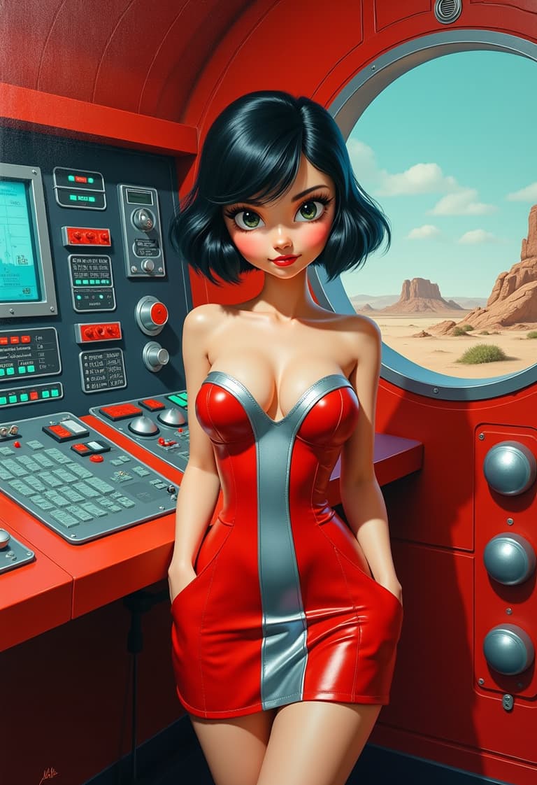 Futuristic Female Character in Red and Silver Dress, Sitting at Control Panel in Red Spacecraft