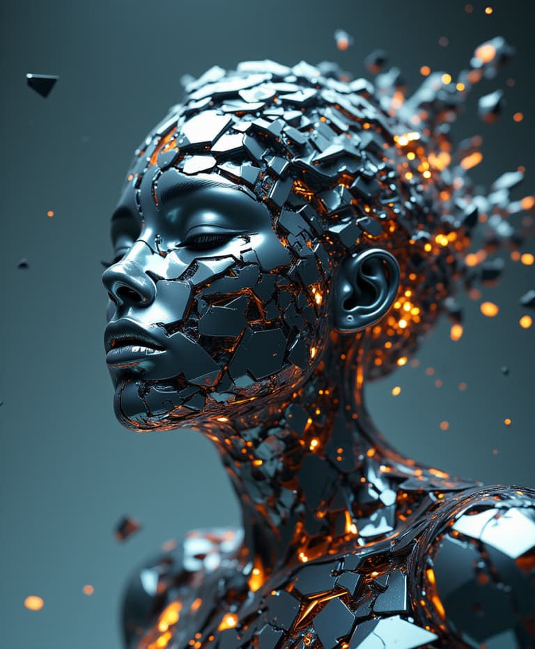 Futuristic Art Glowing Head with Shattered Glass Effect