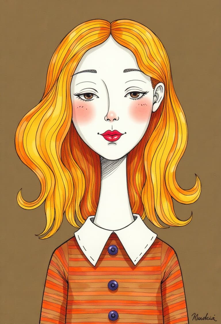 Stylized Illustration of a Woman with Red Hair and Orange Striped Shirt