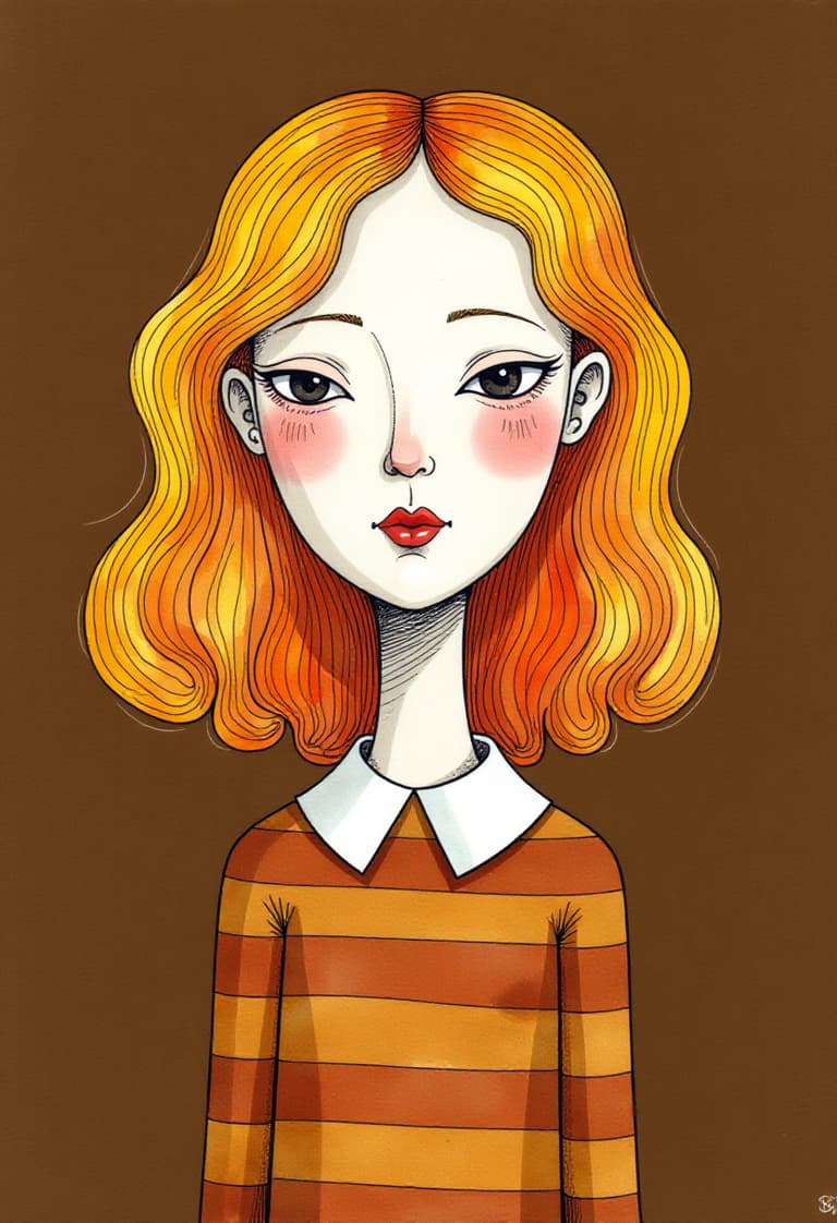 Stylized Illustration of a Girl with Red Hair and Orange Blouse